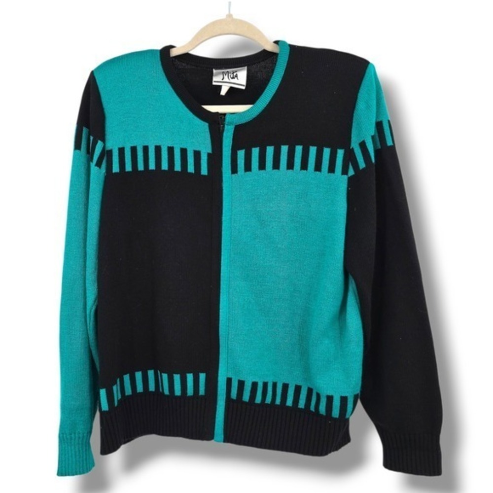 Mita Zip Up Cardigan Sweater Teal Black Geometric Print Long Sleeve Size‎ L